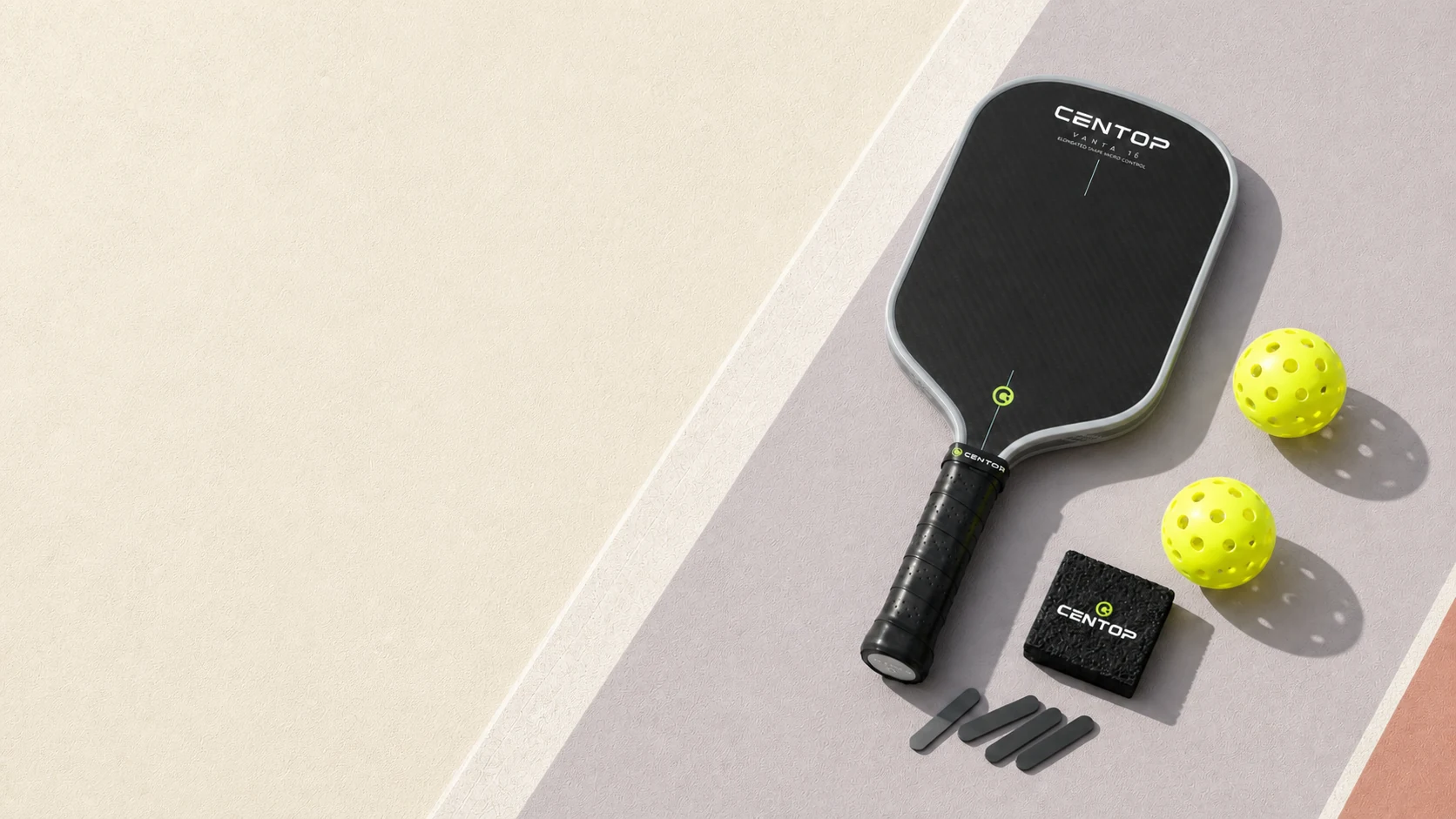 CENTOP paddle, pickleballs, paddle eraser, and tungsten weight strips on a light pickleball court